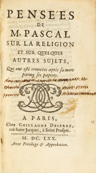 View full screen - View 1 of Lot 51. Pensées sur la religion... Paris, 1670. In-12. Reliure de l'époque. Édition originale..