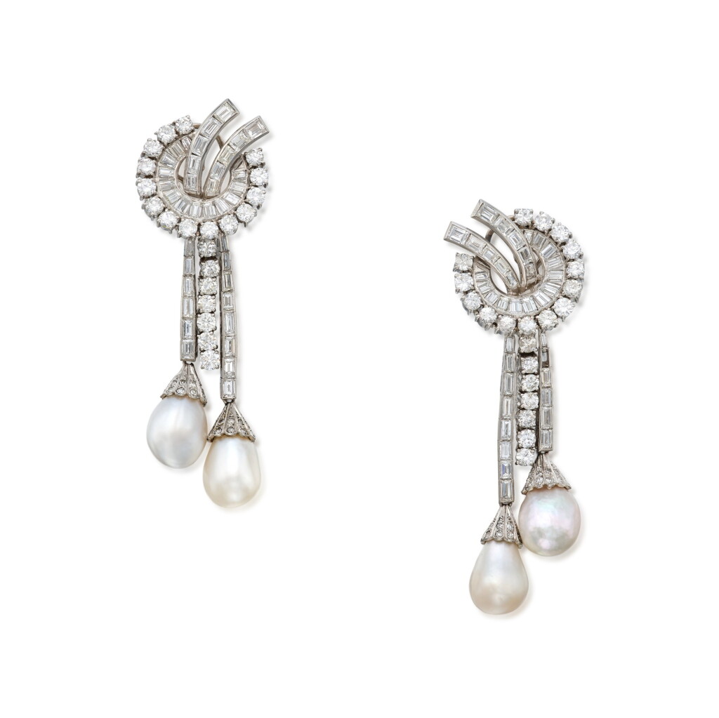View full screen - View 1 of Lot 130. Pair of Natural Pearl and Diamond Earclips.