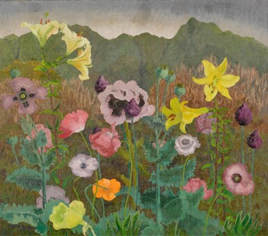 View full screen - View 1 of Lot 100. Lilies and Poppies against a Mountain Range.