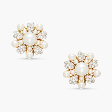 View full screen - View 1 of Lot 291. Pair of Cultured Pearl and Diamond Earclips .