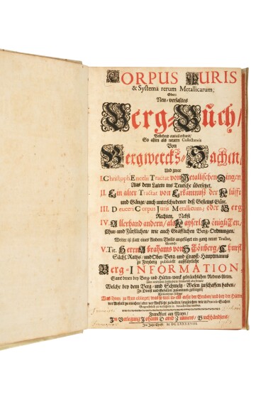 View full screen - View 1 of Lot 156. (Mining and Metals) — Corpus Juris & Systema | Corpus juris & Systema rerum Metallicarum..., Frankfurt, 1698.