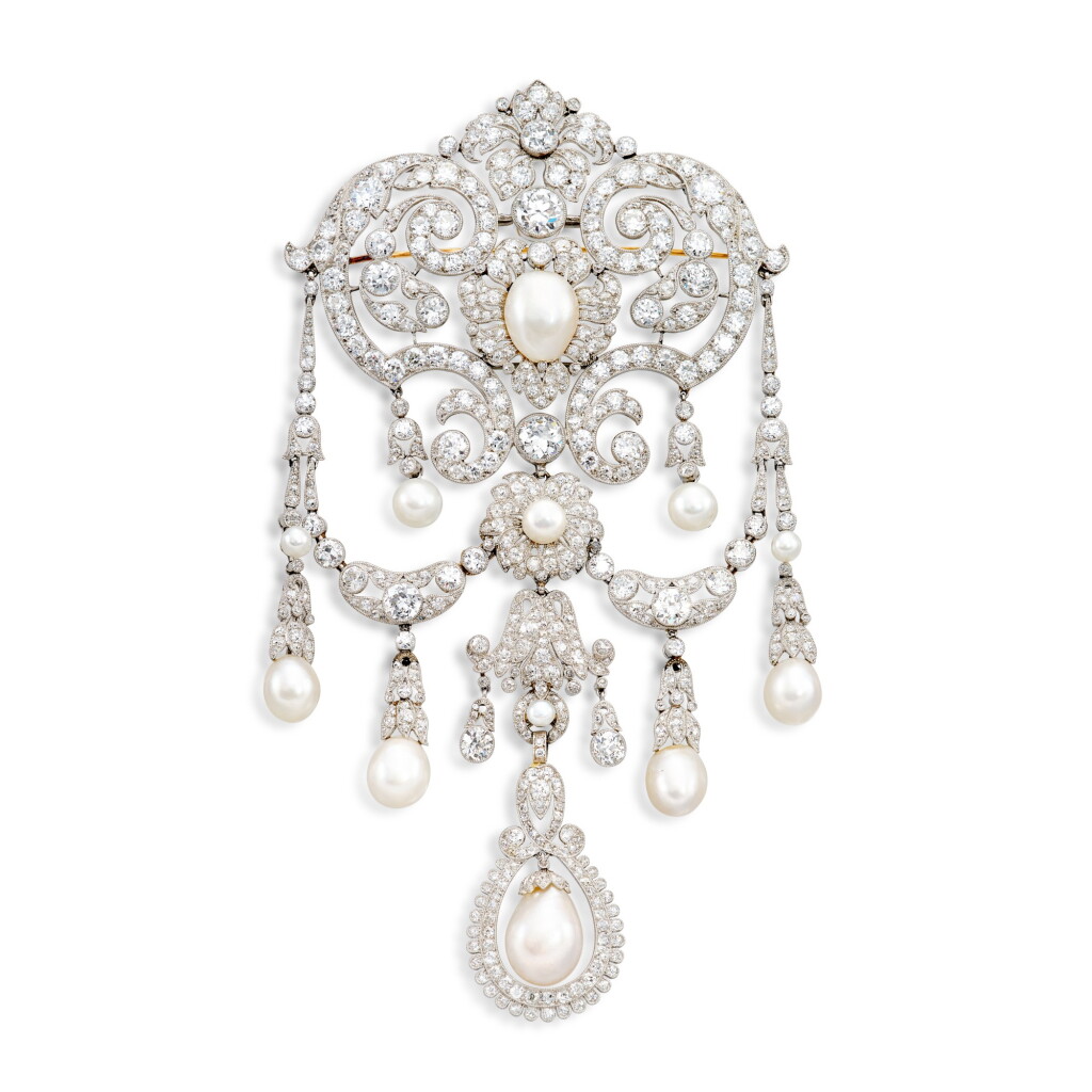 View full screen - View 1 of Lot 219. Natural Pearl and Diamond Brooch, Early 20th Century | 天然珍珠 配 鑽石 胸針,二十世纪初.