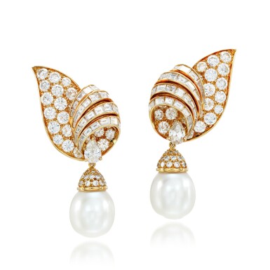 View full screen - View 1 of Lot 223. Cultured pearl and diamond ear clips.