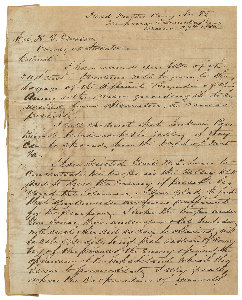 View full screen - View 1 of Lot 2190. Lee, Robert E. Manuscript letter signed to Colonel Henry Brevard Davidson, 29 December 1862.
