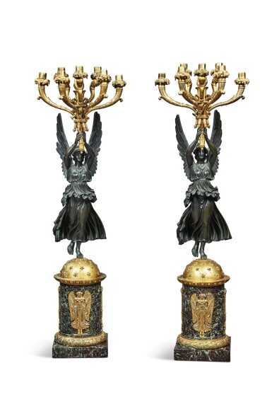 View full screen - View 1 of Lot 270. A PAIR OF EMPIRE GILT AND PATINATED BRONZE AND MARBLE SEVEN-LIGHT CANDELABRA, CIRCA 1810.