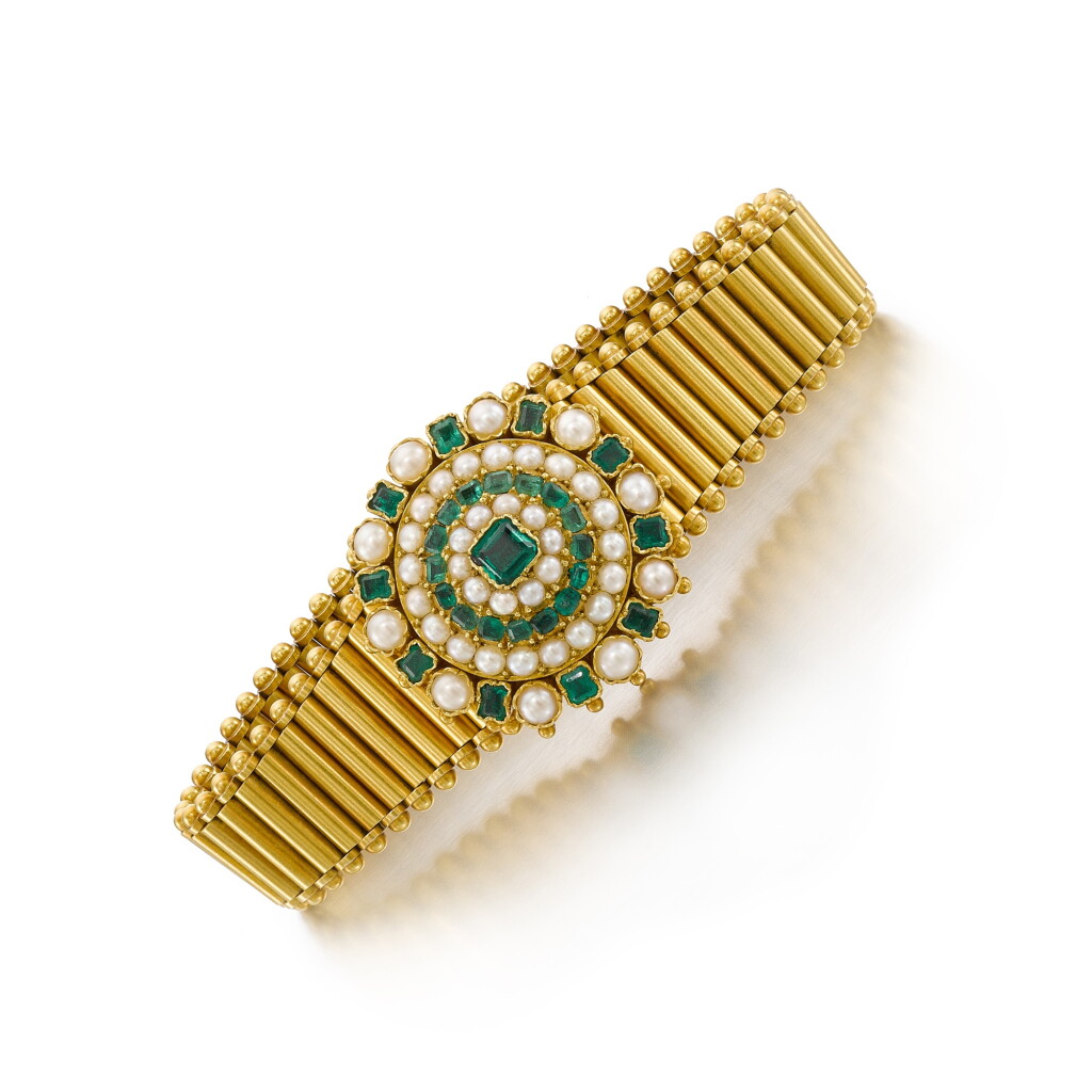 View full screen - View 1 of Lot 141. An emerald and seed pearl bracelet.