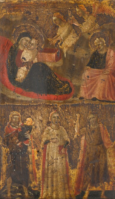View full screen - View 1 of Lot 109. Riminese School, circa 1320 | The Nativity; Saint Christopher, Saint John the Baptist and a female saint.