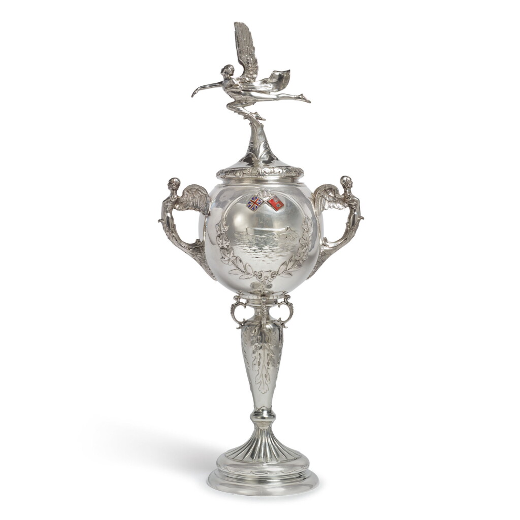 View full screen - View 1 of Lot 801. AN ENGLISH SILVER AND ENAMEL SPEEDBOAT TROPHY, GOLDSMITHS & SILVERSMITHS CO. LTD., LONDON, 1929.