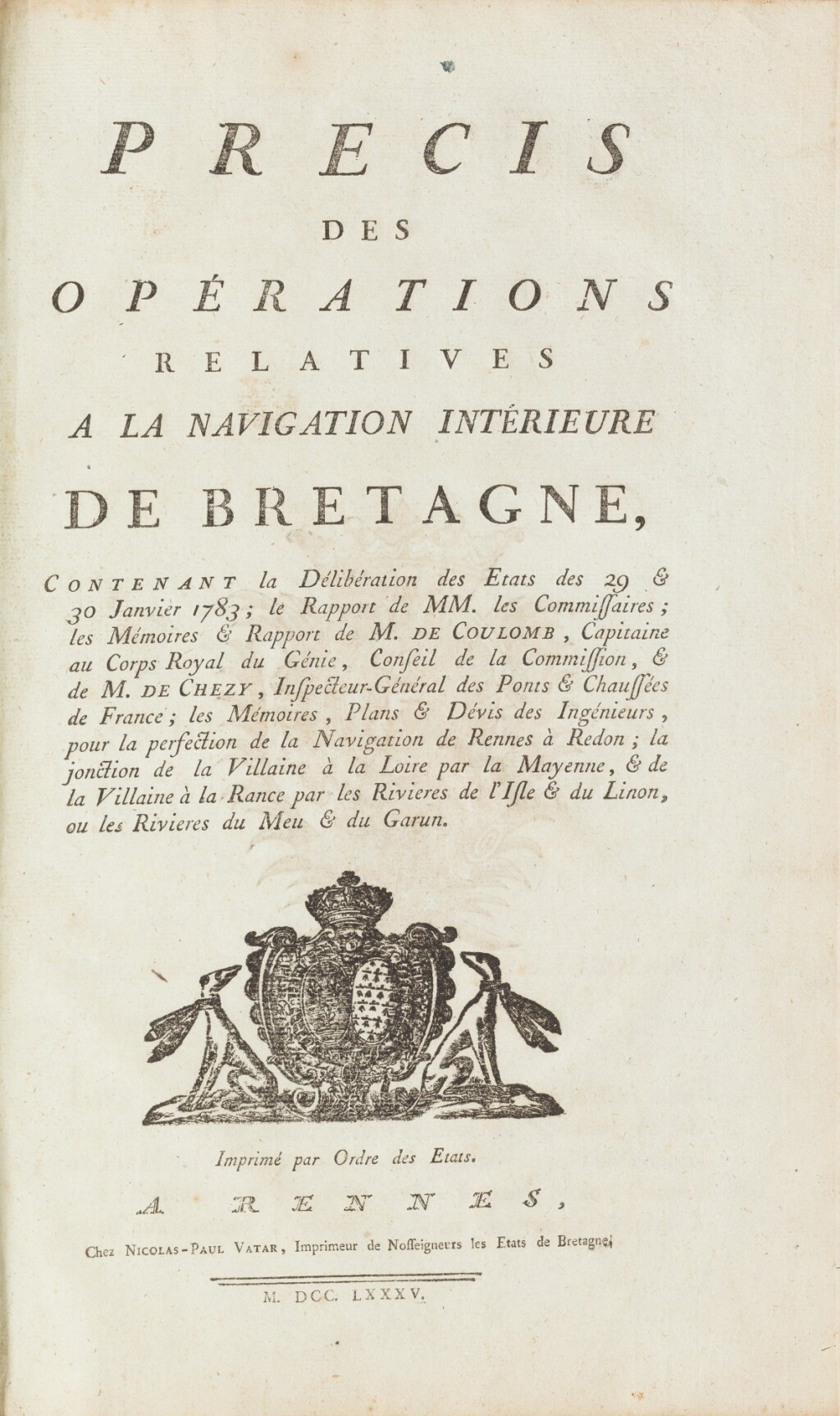 View full screen - View 1 of Lot 12. Précis des opérations relatives à la navigation intérieure de Bretagne...1785. In-fol. (veau de l'époque).