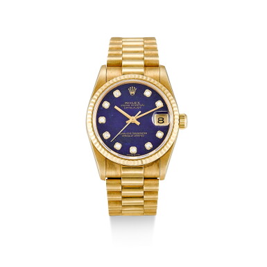 View full screen - View 1 of Lot 130. ROLEX | DATEJUST, REFERENCE 68278, A YELLOW GOLD AND DIAMOND-SET WRISTWATCH WITH LAPIS LAZULI HARDSTONE DIAL AND BRACELET, CIRCA 1995.