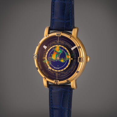 View full screen - View 1 of Lot 428. Reference 871-99 Tellurium Johannes Kepler | A yellow gold automatic astronomical perpetual calendar dual time zone wristwatch with cloisonné enamel dial, Circa 1995 .
