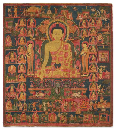View full screen - View 1 of Lot 811. A thangka depicting the life of the Buddha, Tibet, 14th century.