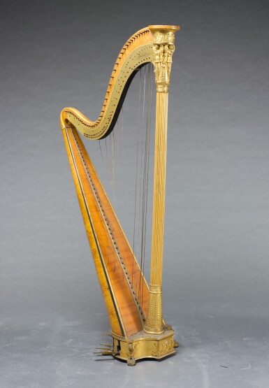 View full screen - View 1 of Lot 239. A GEORGE IV GILTWOOD AND SATINBIRCH DOUBLE-ACTION PEDAL HARP BY SEBASTIAN ERARD, LONDON, NOVEMBER 1821.