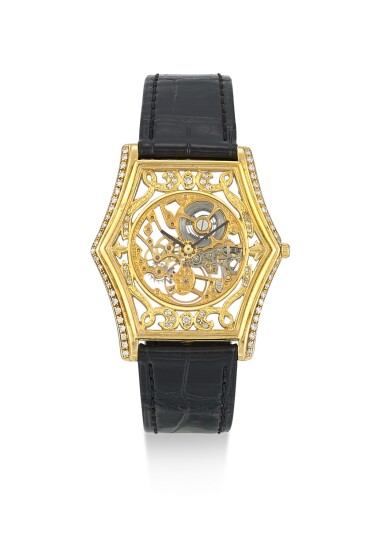 View full screen - View 1 of Lot 8149. SARCAR | A YELLOW GOLD AND DIAMOND-SET SKELETONISED WRISTWATCH, CIRCA 1980.
