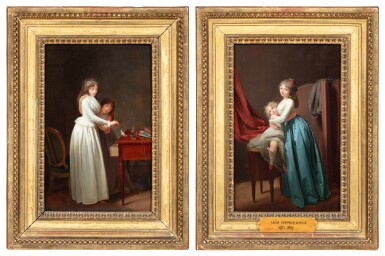 View full screen - View 1 of Lot 58. (I) Two sisters playing with a bird; (II) A young mother holding her child | (I) Deux sœurs jouant avec un oiseau ; (II) Jeune mère serrant dans ses bras son enfant.