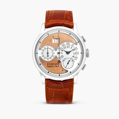 View full screen - View 1 of Lot 2414. Octa Chronographe | An important platinum flyback chronograph wristwatch with date, pink gold salmon dial and brass movement, Circa 2002.