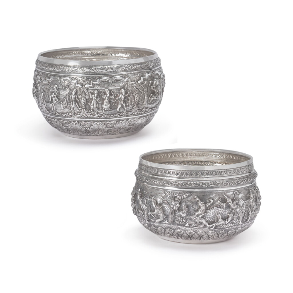 View full screen - View 1 of Lot 885. TWO BURMESE SILVER BOWLS, LATE 19TH CENTURY.