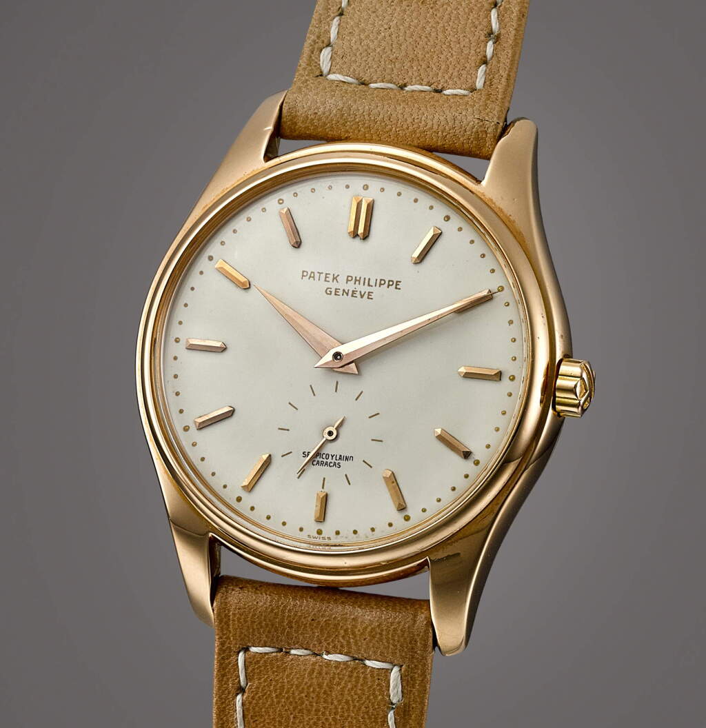 View full screen - View 1 of Lot 2010. Reference 2526 | A pink gold wristwatch with enamel dial, Retailed by Serpico Y Laino, Made in 1957 | 百達翡麗 | 型號2526 | 粉紅金腕錶,備琺瑯錶盤,由 Serpico Y Laino 發行,1957年製.