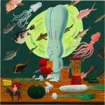 Atsushi Kaga 加賀溫 | Fishes are falling from the sky I thought it was just a lockdown (Tony O’Malley on a donkey) (After Jakuchu) 魚從天而降—我以為只是封城(托尼·奧馬利騎驢)