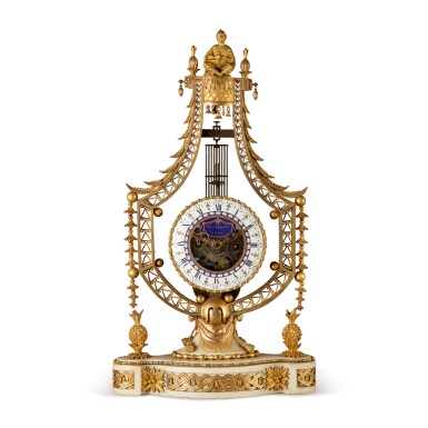 View full screen - View 1 of Lot 672. A LOUIS XVI WHITE MARBLE AND GILT BRONZE CHINOISERIE MANTEL CLOCK, LATE 18TH CENTURY.