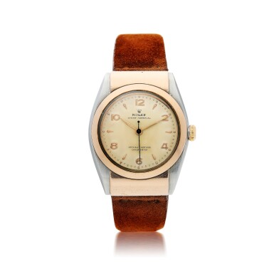 View full screen - View 1 of Lot 181. ROLEX | REFERENCE 3065 BUBBLEBACK A PINK GOLD AND STAINLESS STEEL AUTOMATIC WRISTWATCH WITH HOODED LUGS, CIRCA 1950.