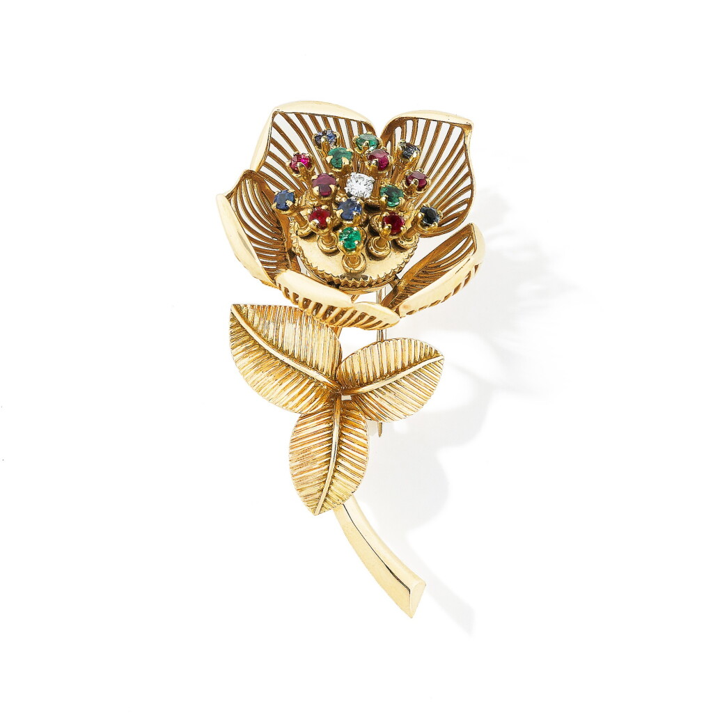 View full screen - View 1 of Lot 288. Mellerio dits Meller | Broche pierres de couleur et diamant, "Rose ouverte" | Gem-set and diamond brooch 'Rose ouverte' .