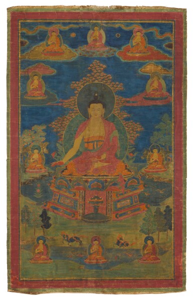 View full screen - View 1 of Lot 876. A thangka depicting Shakyamuni Buddha, Tibet, 17th century.