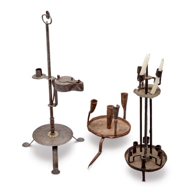 View full screen - View 1 of Lot 527. Group of Three Wrought Iron Lighting Devices, European, 18th Century.