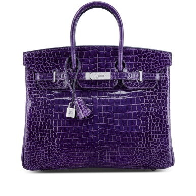 View full screen - View 1 of Lot 593. Amethyst Shiny Porosus Crocodile Birkin 35 18K White Gold and Diamond Hardware, 2005.