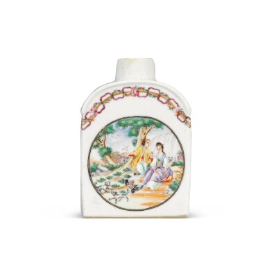 View full screen - View 1 of Lot 273. A famille-rose 'European Subject' tea caddy, Qing dynasty, 18th century.