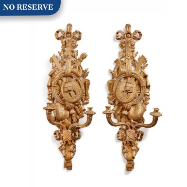 View full screen - View 1 of Lot 293. A PAIR OF LOUIS XVI STYLE GILTWOOD TWO-BRANCH WALL LIGHTS.