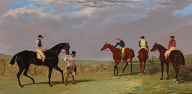 View full screen - View 1 of Lot 39. JOHN FREDERICK HERRING SNR. | The Start of the Doncaster Gold Cup, 1825: Lottery, Longwaist, Cedric and Figaro all with jockey up | 老約翰・費德里克・海林 | 《1825年唐卡斯特金盃比賽開幕:洛特里、朗韋斯特、錫德里克、費加洛與賽馬騎師》.