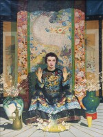 FRENCH SCHOOL, EARLY 20TH CENTURY | ECOLE FRANÇAISE DU DÉBUT DU XXE SIÈCLE | PORTRAIT OF AN ELEGANT WOMAN IN A CHINESE COURT DRESS WITH A FIVE CLAWED DRAGON MOTIF | PORTRAIT D’UNE ÉLÉGANTE PORTANT UNE ROBE DE COUR CHINOISE À DÉCOR DE DRAGONS À CINQ GRIFFES