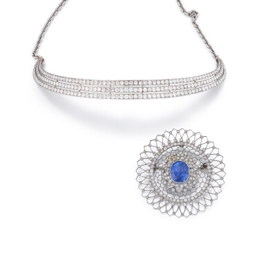View full screen - View 1 of Lot 96. Broche saphir et diamant | Sapphire and diamond brooch.