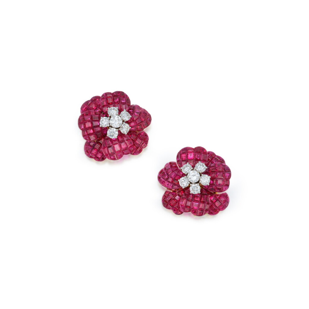 View full screen - View 1 of Lot 127. Pair of Ruby and Diamond Earclips.