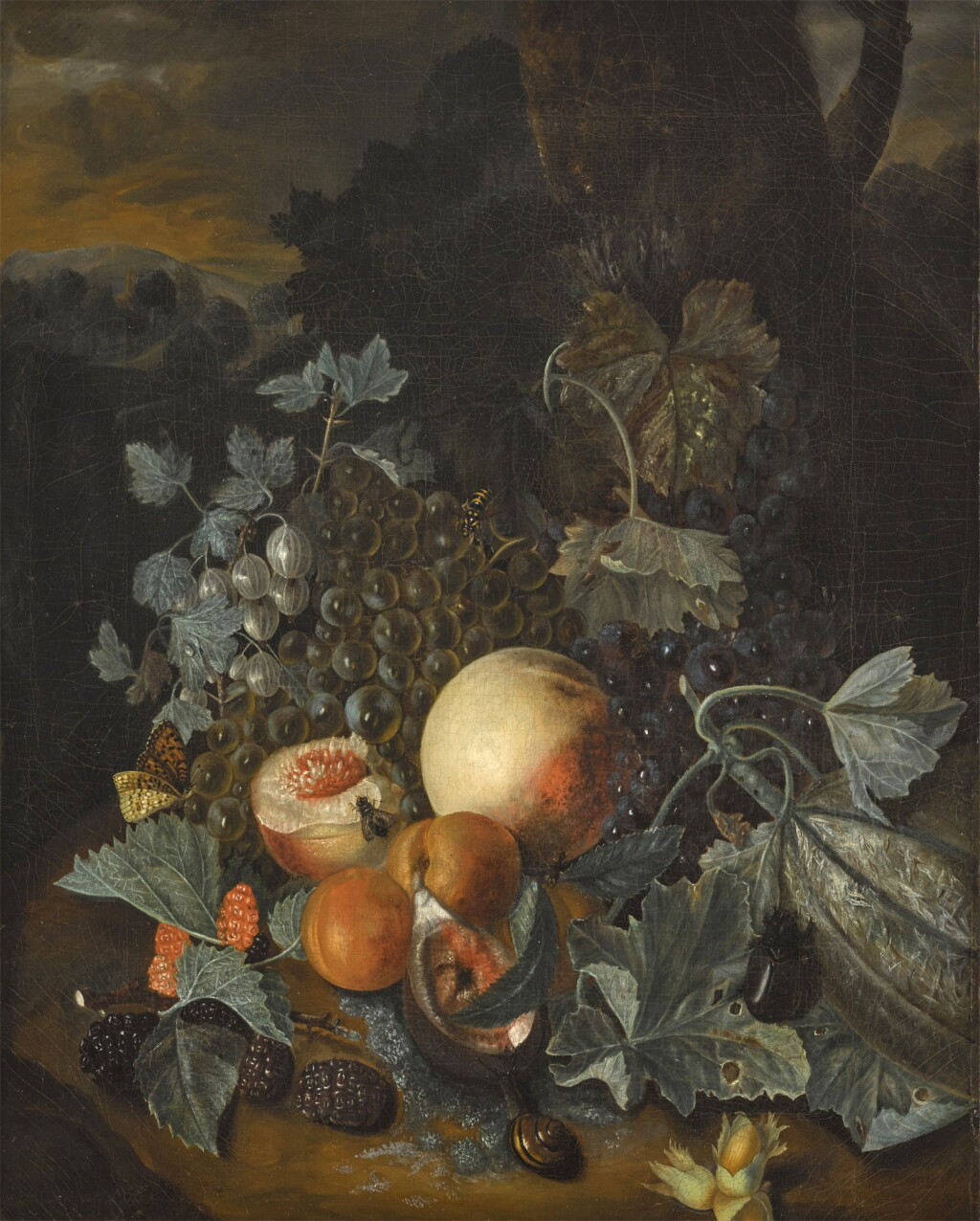 View full screen - View 1 of Lot 375. Still life with peaches, apricots, grapes, berries and various insects beneath a tree.