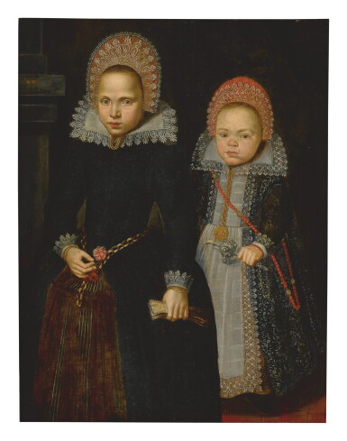 View full screen - View 1 of Lot 505. DUTCH SCHOOL, EARLY 17TH CENTURY | PORTRAIT OF TWO CHILDREN, FULL LENGTH, ONE HOLDING GLOVES AND THE OTHER HOLDING A SILVER EMBROIDERED RATTLE.