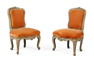 View full screen - View 1 of Lot 142. A Pair of Louis XV Grey-Painted Chaises en Cabriolet, Mid-18th Century.