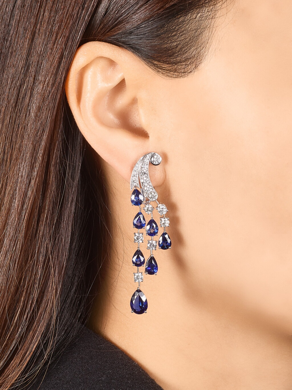 View full screen - View 1 of Lot 1065. Pair of Sapphire and Diamond Earrings | 格拉夫| 藍寶石 配 鑽石 耳墜一對 (藍寶石及鑽石共重約14.00及3.80克拉).