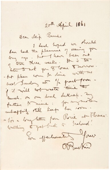 View full screen - View 1 of Lot 114. John Ruskin | autograph letter signed, to Miss Barnes, 20 April 1861, mentioning Rose La Touche.