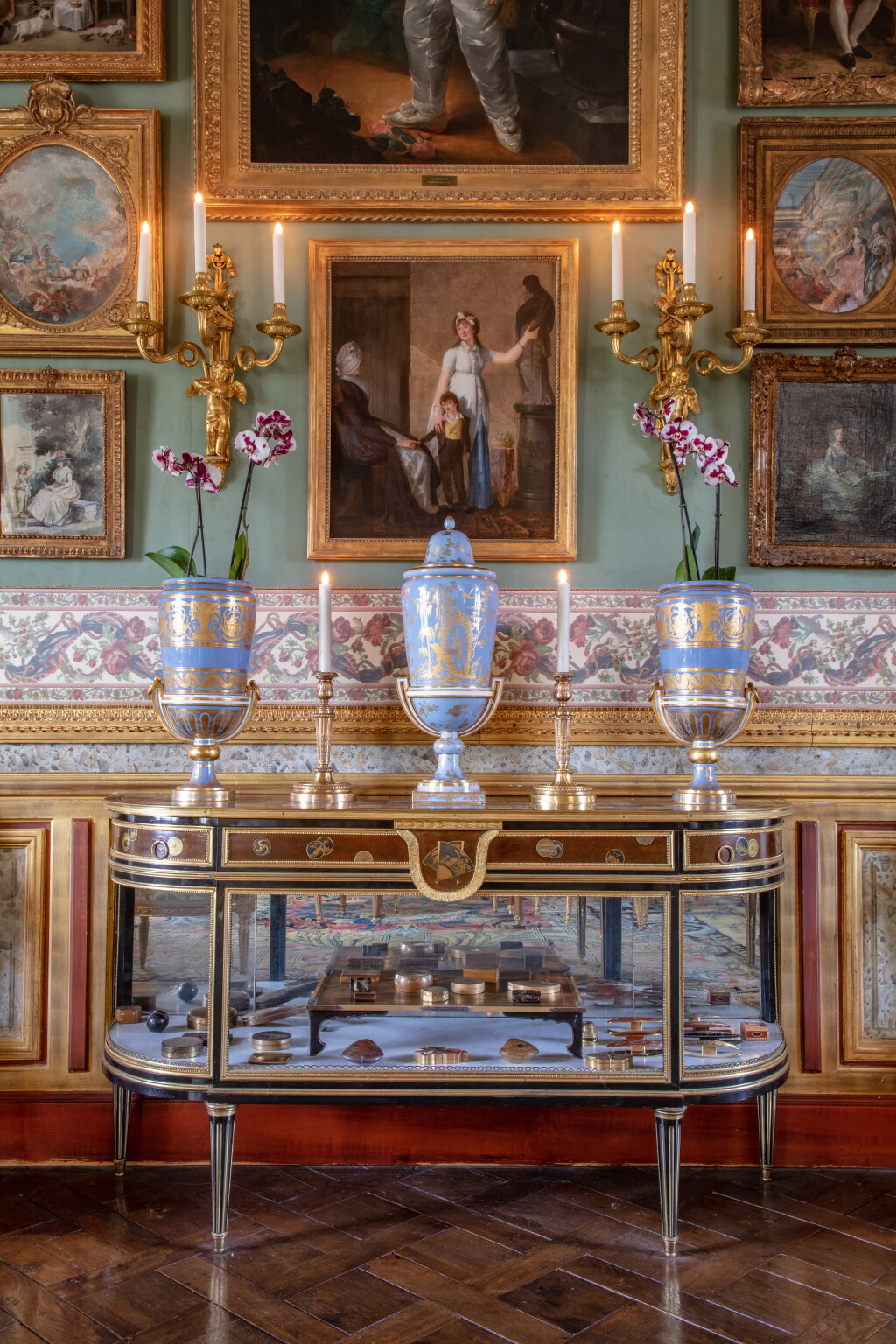 View full screen - View 1 of Lot 45. A Louis XVI ebonised pearwood veneered, lacquered tole and gilt-bronze mounts console, by Adam Weisweiler, circa 1780 | Console desserte en placage de poirier noirci, tôle peinte et bronze doré à plateau en marbre specimen d'époque Louis XVI, par Adam Weisweiler, vers 1780.