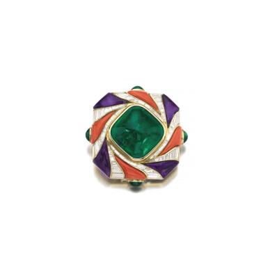 View full screen - View 1 of Lot 1733. Bulgari | Emerald, Amethyst, Coral and Diamond Brooch |寶格麗 | 24.33克拉「哥倫比亞」祖母綠, 紫水晶 配 珊瑚 及 鑽石 胸針.
