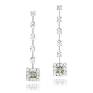 View full screen - View 1 of Lot 37. Pair of coloured diamond and diamond earrings.