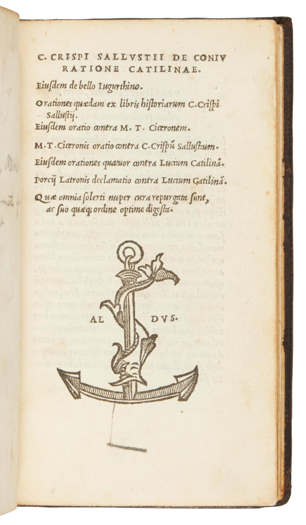 View full screen - View 1 of Lot 1391. Sallustius Crispus, De coniuratione Catilinae. Eiusdem De bello Iugurthino, Venice, Heirs of Aldo Manuzio & Andrea Torresano, 1521, contemporary Venetian(?) brown morocco.
