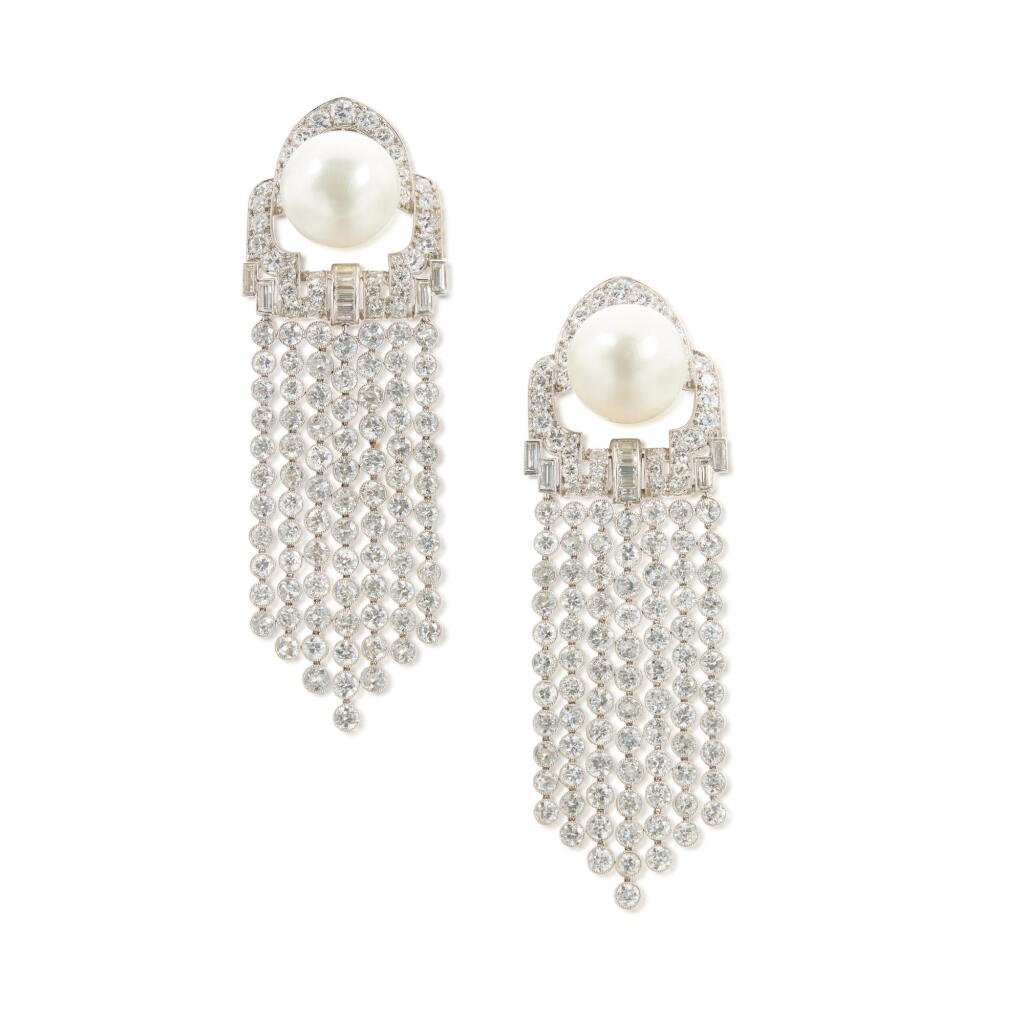View full screen - View 1 of Lot 85. Pair of Cultured Pearl and Diamond Pendant-Earclips.