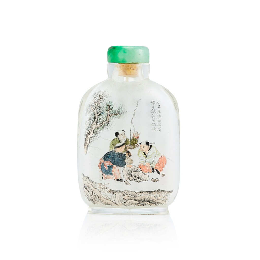 View full screen - View 1 of Lot 3063. An Inside-Painted Glass 'Boys with Fishing Rod' Snuff Bottle By Ma Shaoxuan, Dated Wuxu Year, Corresponding to 1898 | 戊戌(1898年) 馬少宣作玻璃內畫詩意圖鼻煙壺 《馬少宣》款 「少宣」印.