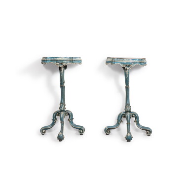 View full screen - View 1 of Lot 54. A pair of Italian blue and white lacquered wood stands, Venice, mid-18th century.