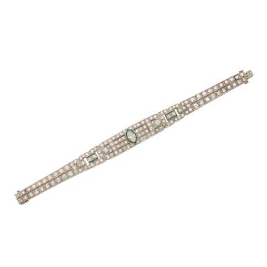 View full screen - View 1 of Lot 130. Diamond and Emerald Bracelet.