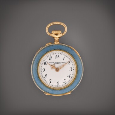 View full screen - View 1 of Lot 529. A yellow gold, enamel, and diamond-set open faced lapel watch, Made in 1910.