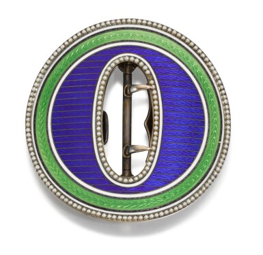 View full screen - View 1 of Lot 10. A Fabergé gold, silver-gilt, guilloché enamel and seed pearl belt buckle, workmaster Henrik Wigström, St Petersburg, circa 1908-1917.